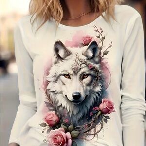 White Wolf & Rose Graphic Long-Sleeve Top